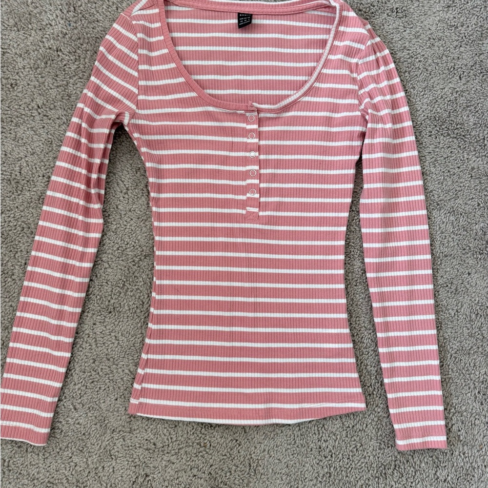 Striped Ribbed Henley Long-Sleeve Top - Pink/White